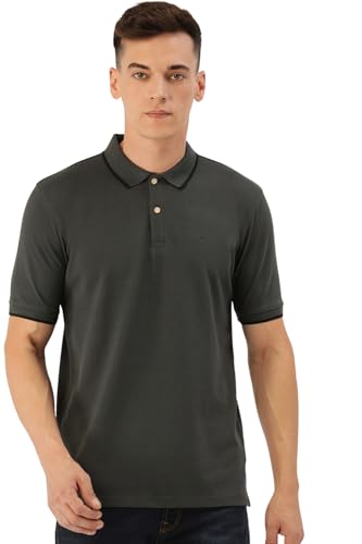 Image of Peter England Men's Snug Fit Solid Polo T-Shirt with Coloured Collar Tipping| Cotton Rich| Premium Pique Weave