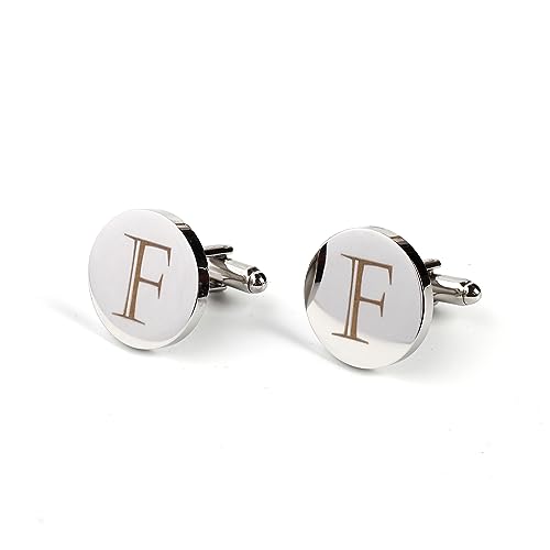 Image of Mens Initial Silver Cufflinks A-Z Alphabet Letter Steel Cuff Links with Engraved Walnut Wood Box Groom Groomsman Wedding Set
