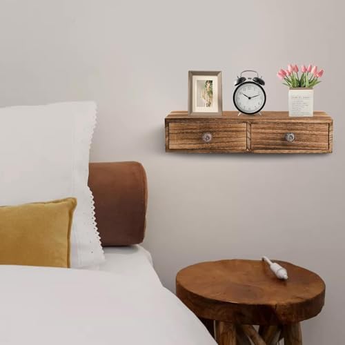 Image of Wood Floating Wall Mounted Drawers on a Floating Shelves with Drawers for Bedrooms, Living Rooms, and Displays Two Vintage Bedside Shelves (Pine) Wood (Brown)