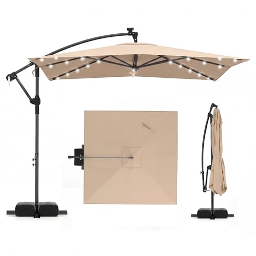 RELAX4LIFE Parasol Déporté LED Solaire Carré 2.5x2.5m, Parasol de Jardin Extérieur Rotatif...