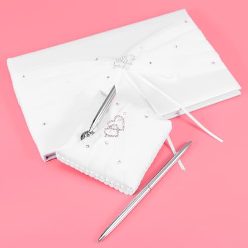 Libro de invitados de boda con bolígrafo y soporte de satén blanco Gadpiparty 6
