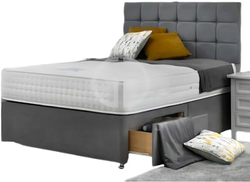 Image of GHOST BEDS Grey Plush Velvet Divan Bed Set + 10" Memory Mattress + 24" Matching Headboard (2 Drawers Same Side, 3FT6 Large Single)