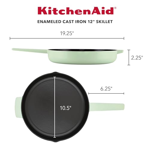 Image of KitchenAid Enameled Cast Iron Frying Pan /Skillet with Helper Handle and Pour Spouts, 12 Inch, Pistachio