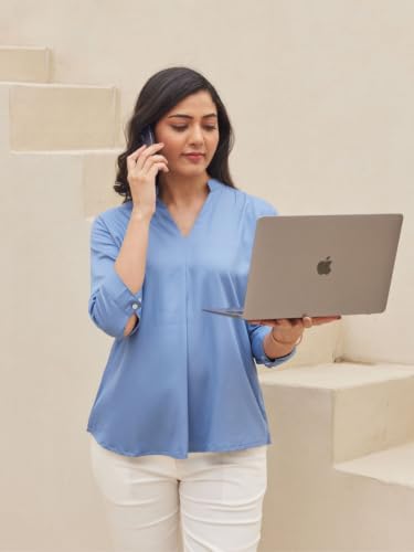 Image of SAADAA Top for Women, Viscose Pleated Tops, V-Neck with a Collar, 3 /4 Sleeve Length, Office & Casual Wear