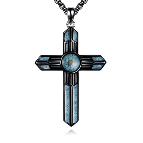 Black Cross Necklace for Men 925 Sterling Silver Turquoise Mustard Seed Cross Pendant Christian Necklace Jewelry Gifts for Women Men