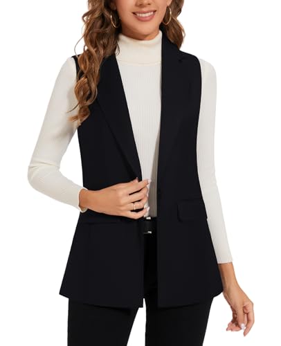 LADI TREND Damenweste, lang, ärmellos, Blazer, Büroweste, vollständig gefüttert, Ein-Knopf-Oberteil, Jacke, B-schwarz, L