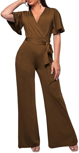 Image of PaladMom Womens Elegant Plus Size Jumpsuits Sexy Back zipper Short Sleeve Mid Waist Wide Leg Straight Rompers