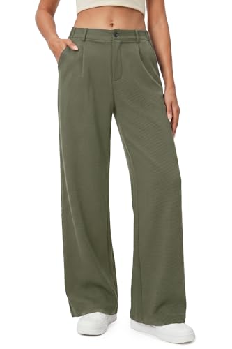 Image of Enmain Wide Leg Trousers for Women 4-Way Stretch Non Iron Women's High Elasticated Waist Smart Casual Business Work Long Summer Palazzo Trousers Pants with Pockets Olive Green S