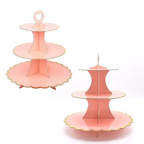 Tumtanm Présentoir à cupcakes jetable à 3 étages en carton, pour vacances, mariage, fête d'anniversaire, or rose