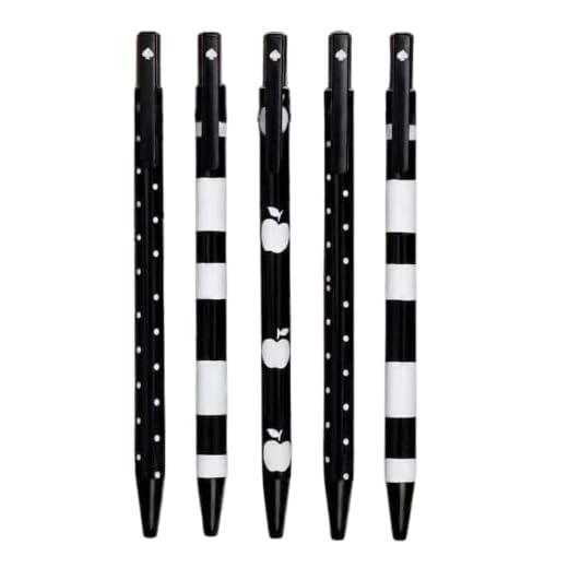 Kate Spade New York Black Ink Pen Set of 5, Cute Plastic Click Pens, Dots and Stripes