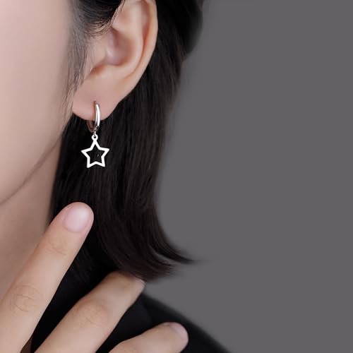 Reffeer Solid 925 Sterling Silver Star Hoop Dangle Earrings for Women Teen Girls Star Drop Earrings Huggie3