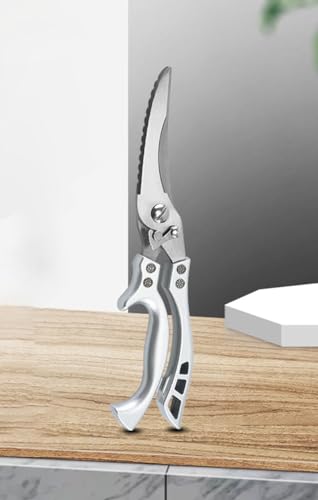 Pluimveeschaar, scherpe keukenschaar, roestvrij staal met ergonomische handgreep, vleesschaar, voor het snijden van eend, kip, gans, kalkoen of kalkoen (zilver) - Afbeelding 6