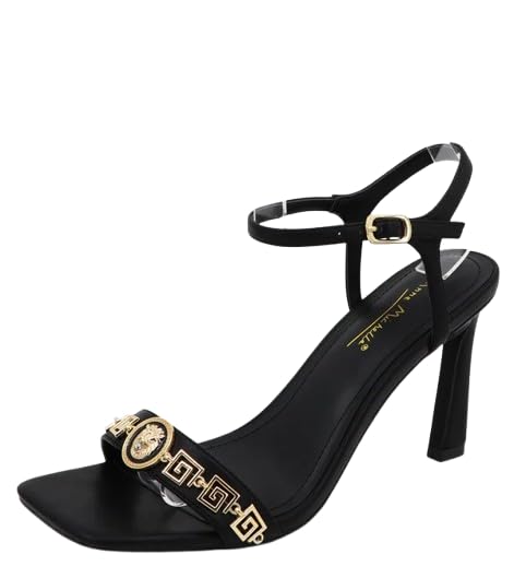BAMBOO Women's Square Toe Greek Key Detail Ankle Strap Single Band High Heel Sandal