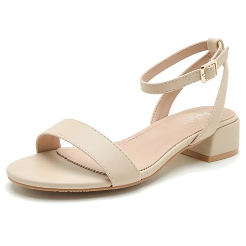 Image of Women's Ankle Strap Sandals, Low Block Heel, Open Toe Summer Dress Shoes with Buckle Closure