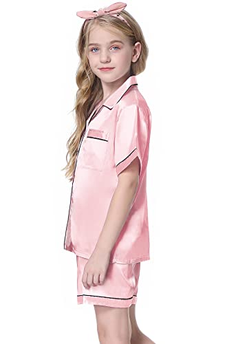 Schbbbta Satin Pajamas for Girls, 2 Pcs Sleepwear Short Sleeve Silk Satin Summer Pajama Set for Girls, Candy Pink, 4-5 Years = Tag 103