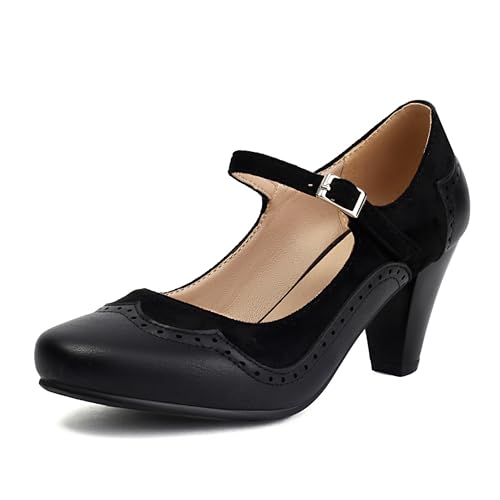 Image of Elerhythm Women's Mary Jane Classic and Retro 1920s Pump Heels Gatsby Oxford Pattern 1950s Pinup Vintage Round Closed Toe 1940s Ankle Strap Dress Shoes