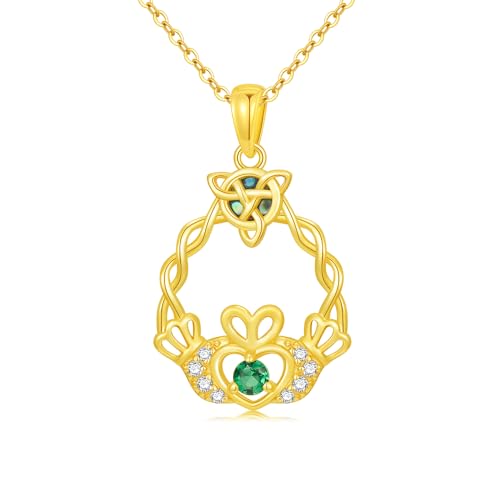 Yafeeso 14K Yellow Gold Claddagh Necklace for Women, Real Solid