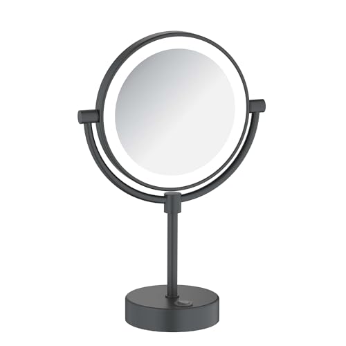 KIBI Circular LED Free Standing Magnifying Makeup Mirror | 360-Degree Swivel Shaving Mirror with Adjustable Brightness | Dual-Sided Vanity Mirror with 5X Magnification (Matte Black, KMM104)