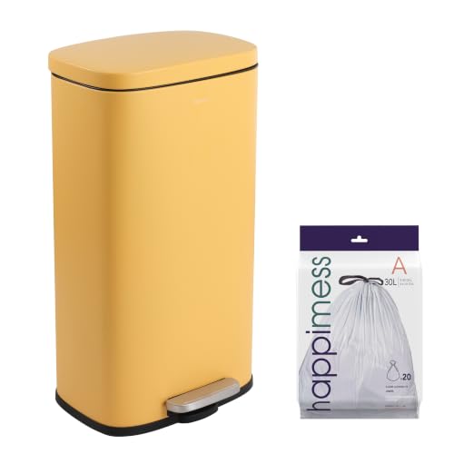 Image of happimess Curtis 8 Gal Step Trash Can Soft Close 25 inch, Daffodil Yellow | Iron Construction, Satin Finish, Removable Liner, Steel Pedal, 20 Trash Bags Included, Kitchen Office Bin