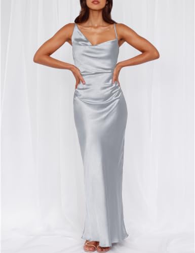 Image of Formal Satin Silk Spaghetti Strap Maxi Dresses for Women Wedding Guest
