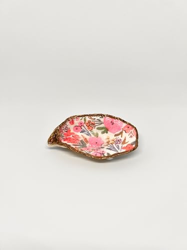 Oyster Shell Ring Dish, Decoupage Chinoiserie Jewelry Holder, Trinket Bowl Coastal Decor, Blue White Beach Wedding, Bridesmaid Hostess gifts (Floral, Gold)