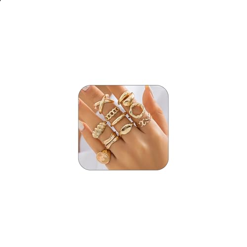 GlamRays Juego de anillos apilables de 14K dorados para mujeres, adolescentes y niñas, estilos modernos y finos, anillos midi, regalos