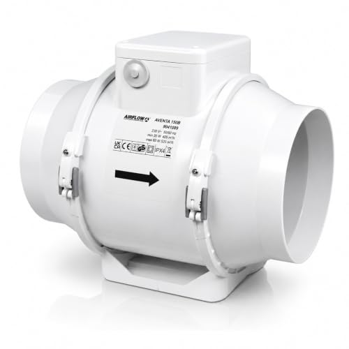 Airflow Aventa 150B In-Line Extractor Fan – 30W Energy-Saving, 112-144 l/s (405-520 m³/h) Flow Rate, 2-Speed Operation, IPX4, Compact Design (250x295x185 mm), Fits 150mm Duct, 3-Year Warranty option
