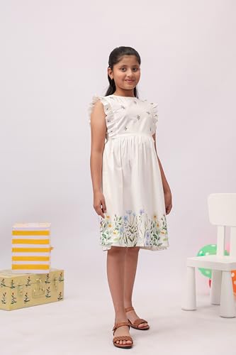 Image of Kids Girls Printed Embroidered Fusion Dress | Handmade Crafted Designer Ethnic Wear | 100% Cotton