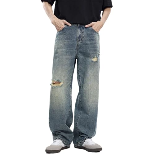 Men's Wide Leg Jeans Baggy Loose Straight Hip Hop Distressed Ripped Hollow Out Vintage Denim Trousers