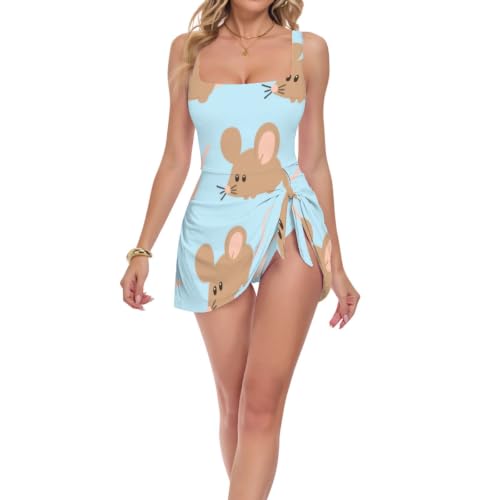Maillot de bain push-up amincissant une pièce bleu à motif souris et bretelles larges pour femme