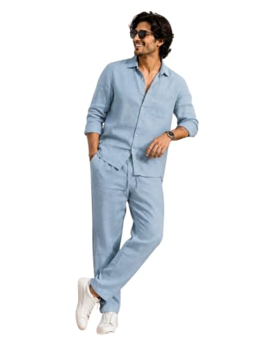 Image of Men's Premium Linen Co-Ord Set | Regular Fit Full Sleeve Solid Shirt with Drawstring Trouser | Breathable Linen Casual Outfit for Summer, Travel, Beach, Vacation & Daily