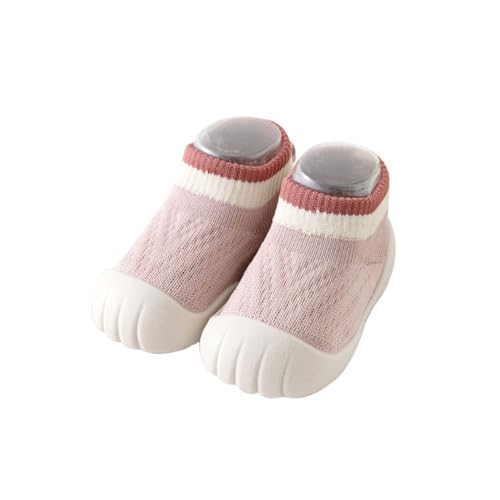 HEOXIN Calcetines Antideslizantes Bebe, Bebe Niña Zapatos Primeros Pasos Calzado Respetuoso Suela Suave Agarre, Puntera Anticolisión Choque de Colores Malla Zapatillas Caminantes, Rosa, M