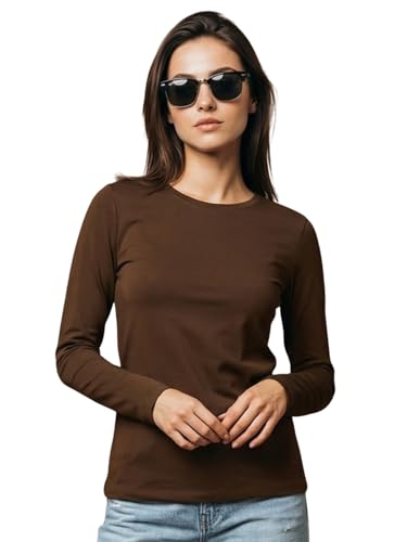 Image of JUNEBERRY Pure Cotton Round Neck Regular Fit Core Fashion Solid Full Sleeve T-Shirt for Women & Girls (Colors: Black, Cork, Green, Navy, Swanwhite & White)