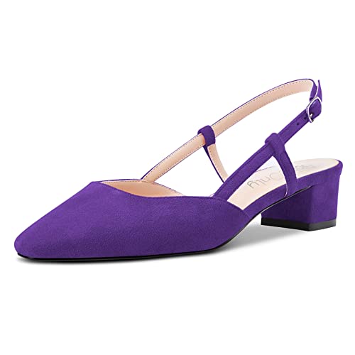 NobleOnly Mujer Chunky Ancho Bajos Gatito Heel Cuadrada Punta Sandalias Slingback Slip-on Pumps de Boda Cute Zapatos Morado 39 EU