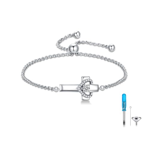 AOBOCO Heart Urn Bracelet for Ashes 925 Sterling Silver Cremation Holds Loved One's Ashes for Women Memorial Keepsake Beangle Embellished with Crystals from Austria (Cross Urn Bracelet)