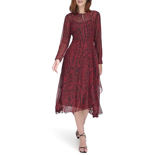 Image of Tommy Hilfiger Women's Long Sleeve Keyhole Neck Chiffon Hi-lo Midi Dress