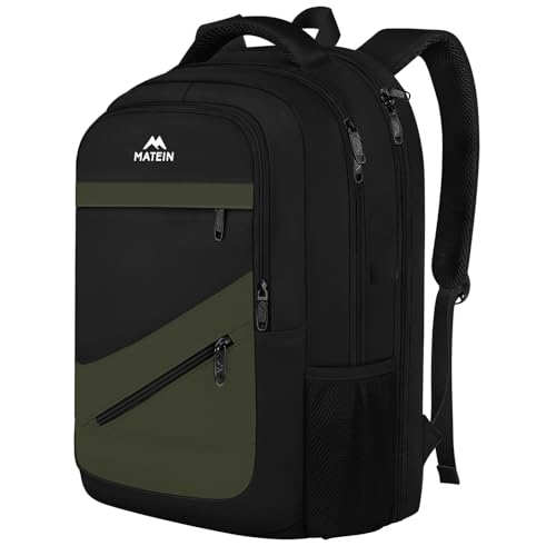 Image of MATEIN 17 Inch Laptop Backpack for Work, Airline Approved Carry On Travel Backpack with Anti Theft Pocket and Luggage Strap, Water Resistant College Computer Daypack Gifts for Men Women, Black Green