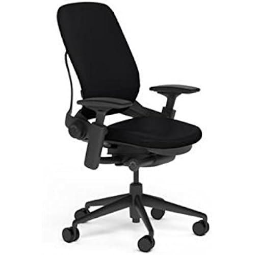 Steelcase Leap Plus Desk Chair Black Leather Seat and Back - 500 lb Weight Capacity - Highly Adjustable Arms - Black Frame and Base - Standard Carpet Casters