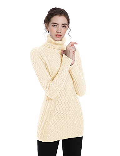 Image of v28 Women's Cotton Turtle Cowl Neck Aran Fishermen Fair Isle Cable Knit Sweater