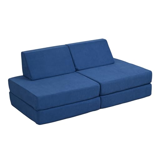 IKIFLY ソファベッド 2人掛け フロアソファ 6WAY 低い座椅子 折りたたみソファ ローソファ 省スペース 多機能 こたつ用 リビング 寝る 一人用 コンパクト クッション付き ふわふわ おしゃれ 1人暮らし 圧力分散 リクライニング 1人掛け 組み立て不要(幅120x奥行67x高さ46cm, ブルー)