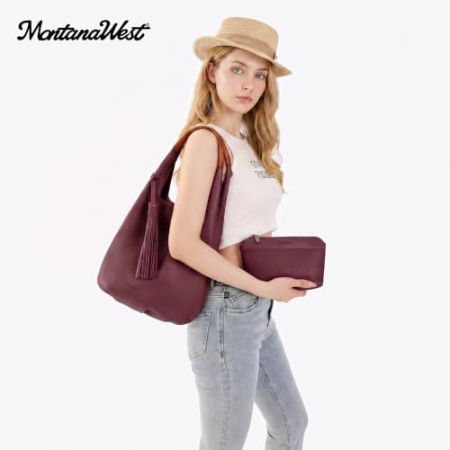 Image of Montana West Hobo Bags for Women Slouchy Handbags 2PCS Tassels Shoulder Bag with Comestic Bag