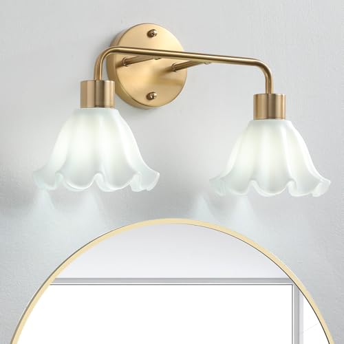 vivihobb 2 Light Gold Brass Bathroom Light Fixture,Brush Gold Vanity Lighting Over Mirror,Cute Milk White Glass Flower Lampshade,E26 Socket(Bulbs Not Included)