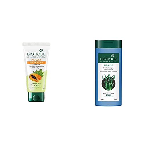 Image of Biotique Bio Papaya Visibly Flawless Skin Face Wash For All Skin Types, 150ml And Biotique Bio Kelp Protein Shampoo For Falling Hair Intensive Hair Regrowth Treatment, 180ml