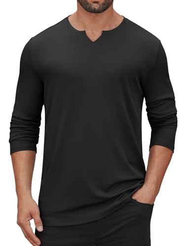Hardaddy Men's V Neck Long Sleeve Ribbed Casual T-Shirt Classic Basic Solid Tee Shirts Black L
