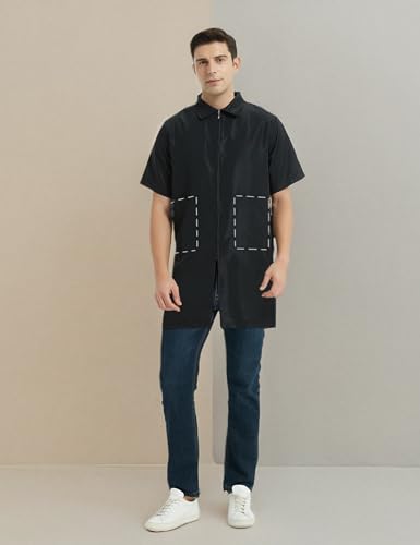 TopTie Custom Barber Jacket Short-Sleeves Machine Washable Men's Coat Black Work Shirt 7