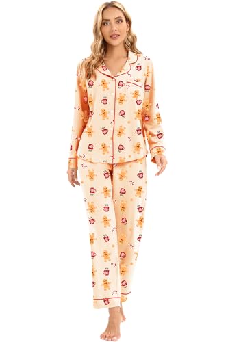 Image of LUBOT Christmas Pajamas for Women 100% Cotton Pajama 2 Piece PJ Set Soft Long Sleeve Button Xmas Print Loungewear XS-XXL