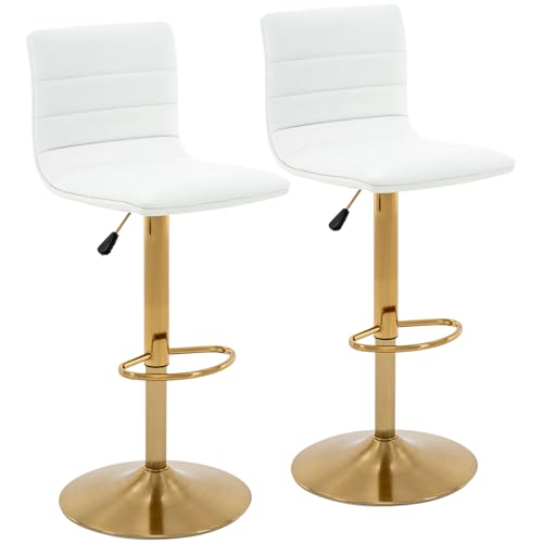 Vogue Furniture Direct PU Leather Bar Stools, Modern Square Adjustable Swivel Barstools with Back, Armless Airlift Counter Height Bar Chairs for Kitchen Dining Set of 2 (Pearl White, Gold Base)