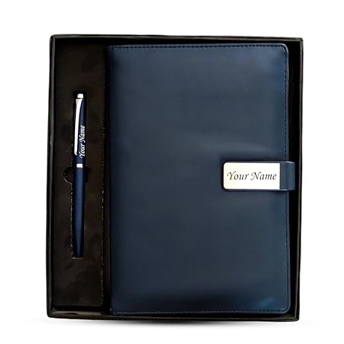 Image of SAVRI A5 Personalized Leather Diary & Engraved Pen - Custom Name Executive Notebook with Employee Name & Company Logo - Non-Dated, Joining Kit, Corporate Gift, Office, Travel & Birthday Gift (Blue)