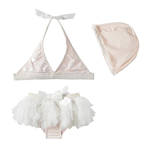 Mud Kingdom Conjunto de bikini para niñas pequeñas, traje de baño deportivo con cuello en V, Beige, 11-12