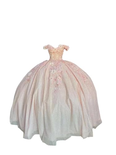 Glitter Tulle Off The Shoulder Quinceanera Dresses with Sleeves Floral Lace Pearls Prom Dress Women 2025